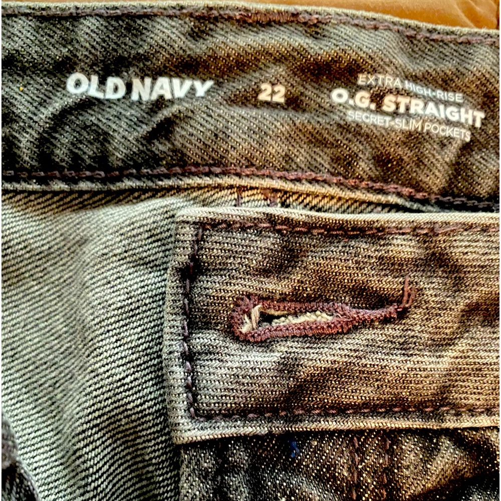 Faded black. Old navy. 22  distressed jeans. Has cute patches and stitching.